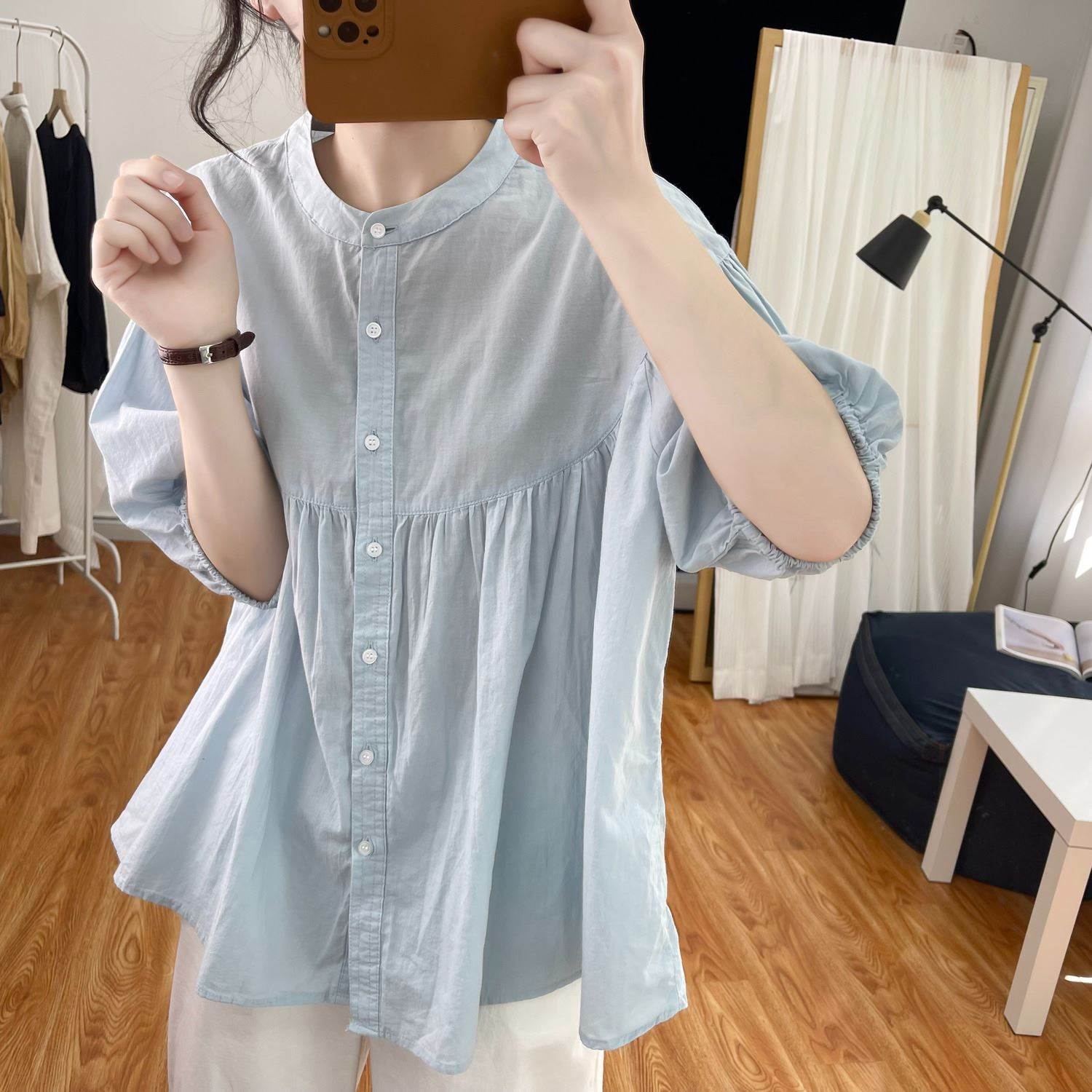 灯笼袖棉质半袖白衬衫女夏季宽松减龄上衣显瘦短袖衬衣圆领娃娃衫