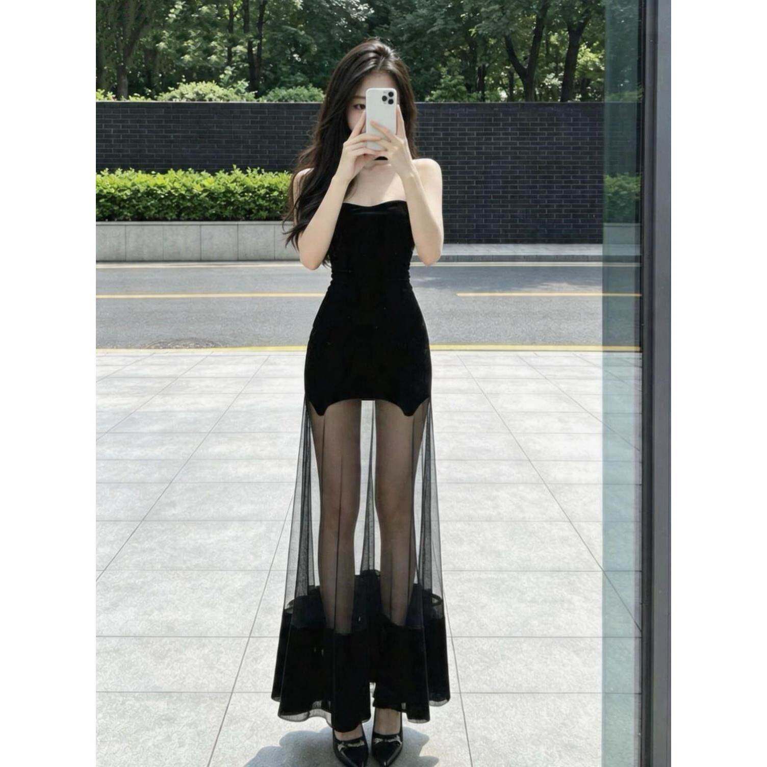 黑色镂空高级拼接抹胸连衣裙夏季宴会礼服长裙约会无袖性感包臀裙