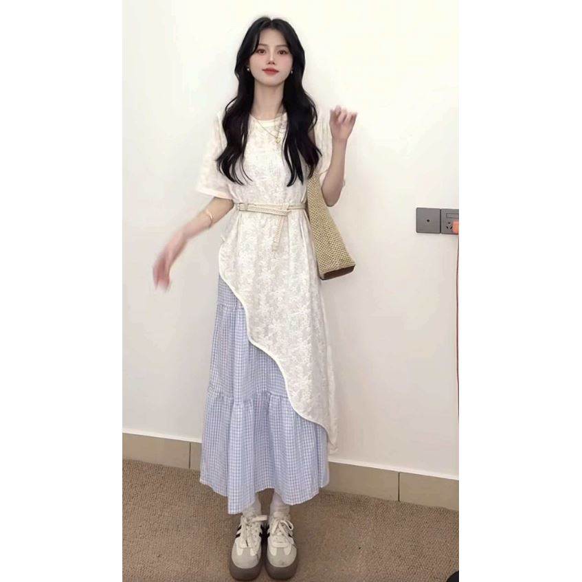 小清新气质蕾丝不规则短袖上衣格纹半裙女装2026春夏新款度假套装