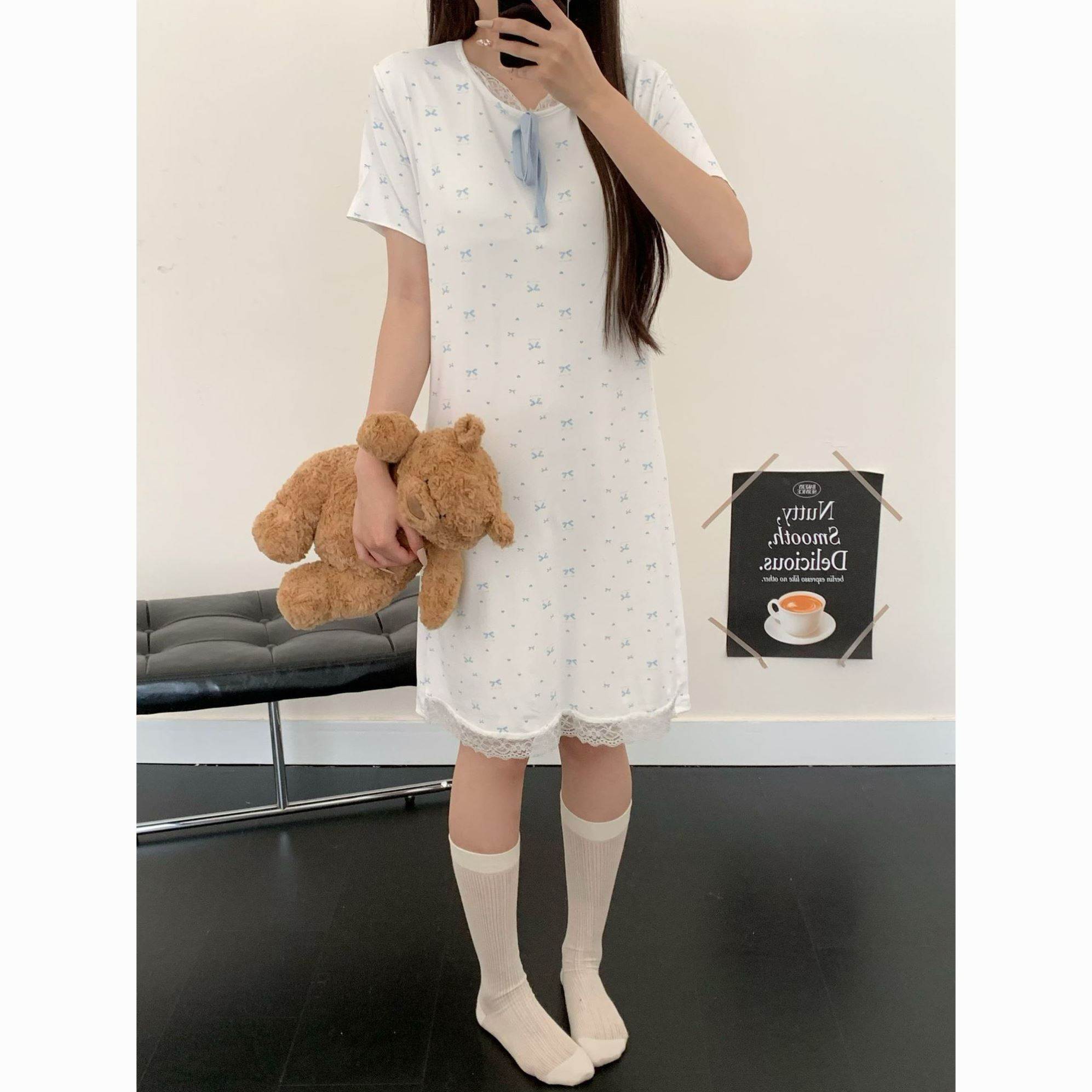 短袖短裙女夏季莫代尔甜美可外穿蝴蝶结带胸垫中长款睡衣裙家居服