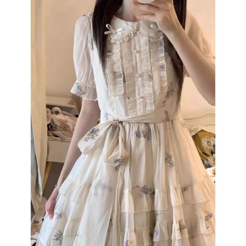 日系可爱娃娃领碎花连衣裙女夏气质甜美小个子收腰显瘦少女裙子仙