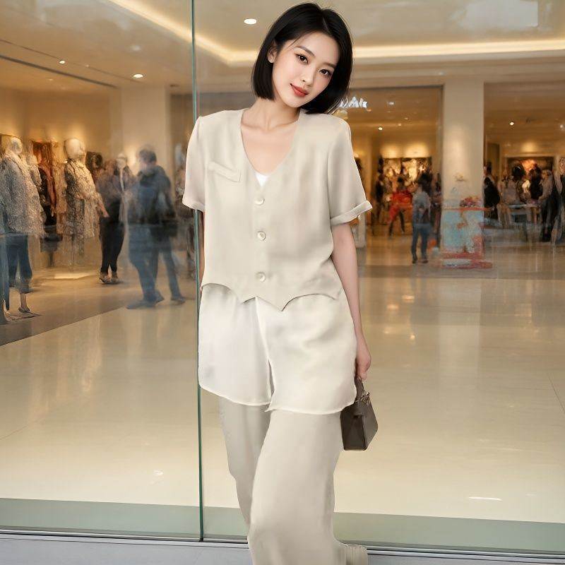 时尚拼接网纱短袖上衣2026休闲两件夏季筒裤精致韩版求职季女套装