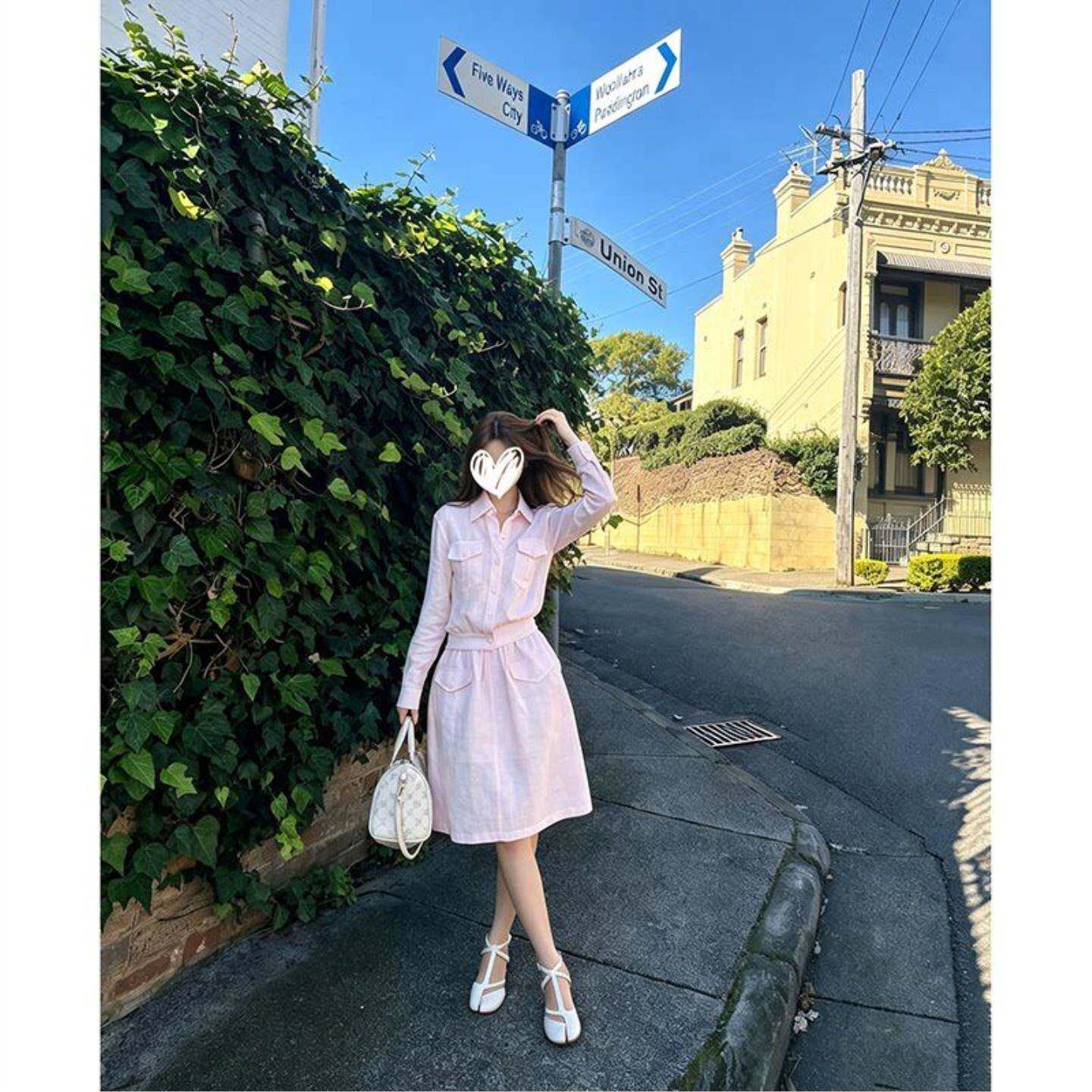 春季女休闲长袖polo领衬衫上衣显瘦百搭高腰半身裙甜美粉色两件套