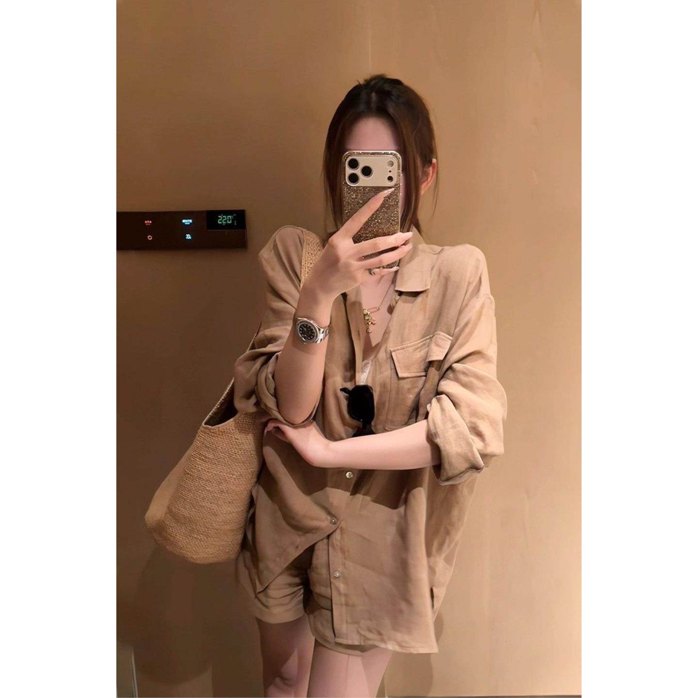 老钱风衬衫套装女2026秋季新款法式慵懒松弛感防晒衬衣短裤两件套