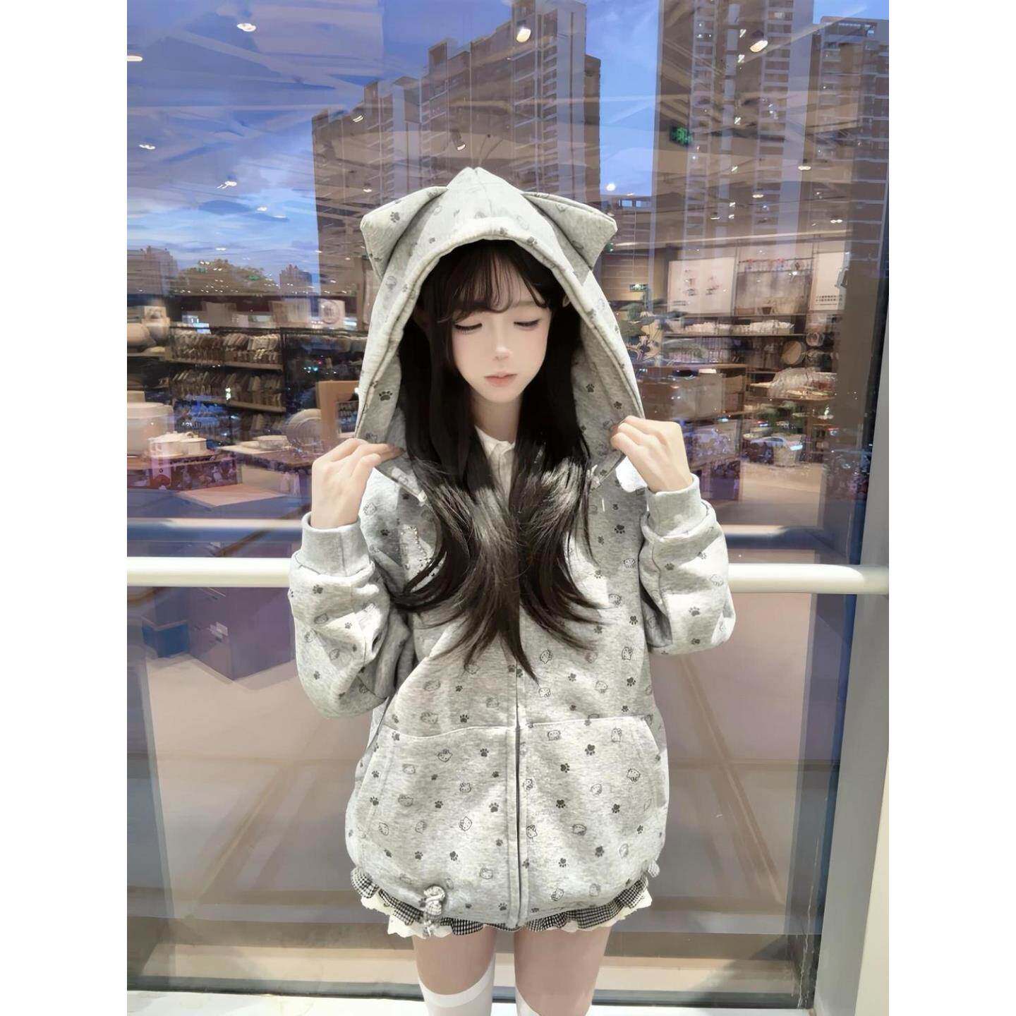 灰色印花烫钻连帽卫衣女秋春季新款拉链开衫加绒加厚韩系慵懒外套