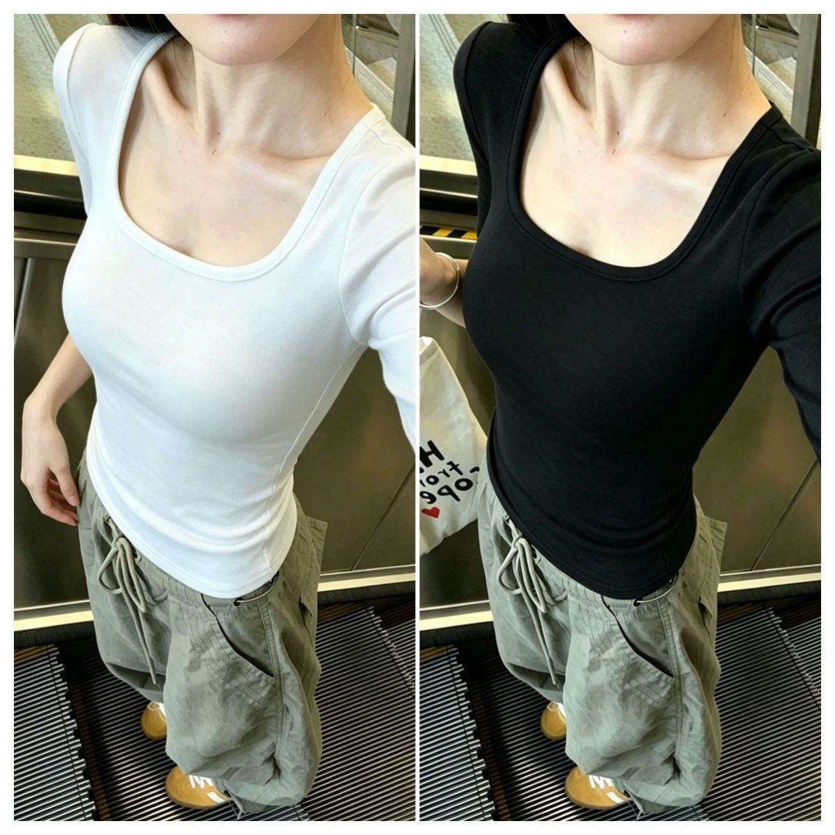 时尚u领打底衫中袖t恤女内搭春秋正肩修身显瘦五分袖短款打底上衣