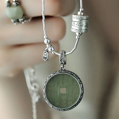 S925银复古做旧山鬼平安扣吊坠和田玉新中式民族风气Z质女款挂坠