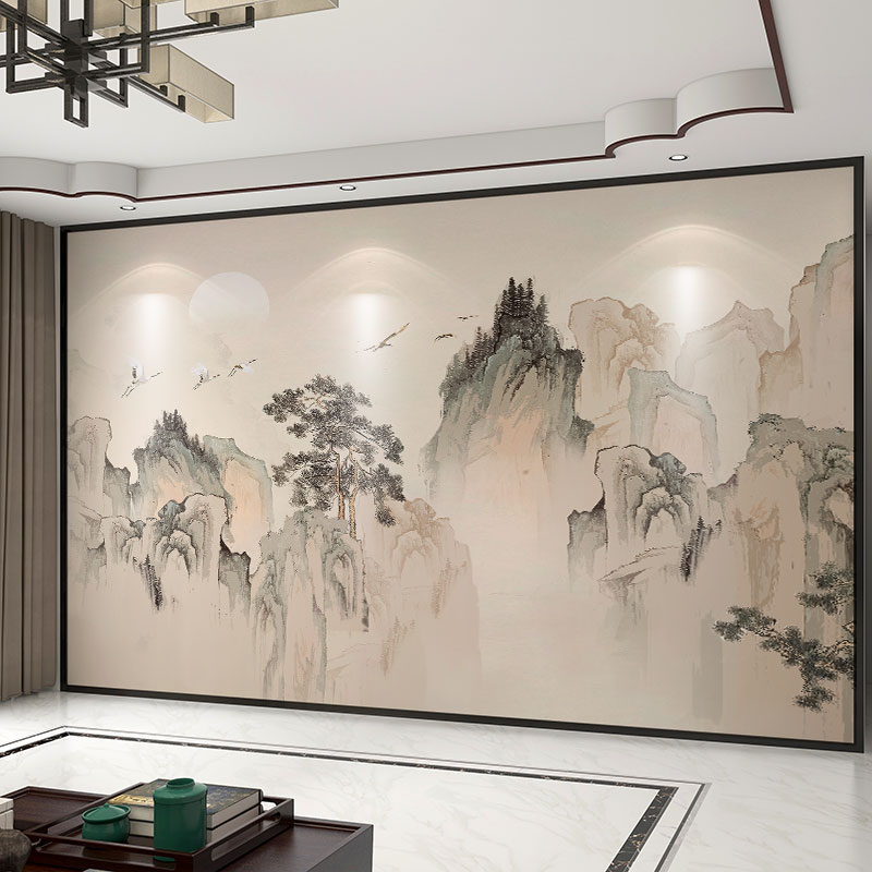 壁纸3db立体中式古典水墨山水电视背景墙壁布客厅壁纸卧室墙布壁