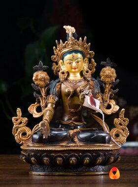 尼泊尔手工7寸青铜镀金雕花《白度母》铜像现代家居摆件