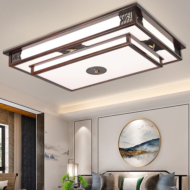 新中式吸顶灯实木圆形新款2025中国风高端长R方形套餐客厅灯大灯