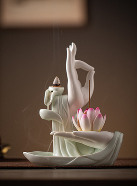 禅意佛手摆件陶瓷香炉室内玄关创意D香薰炉莲花香插香座茶桌装饰