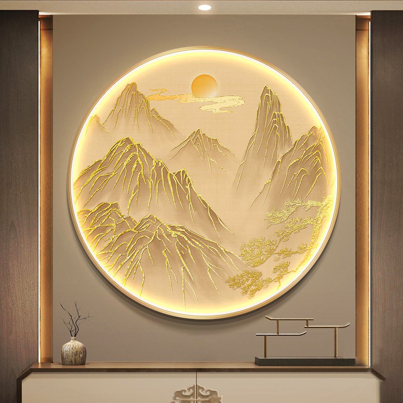 现代轻奢金山玄关l装饰画新中式大气书房茶室挂画圆形山水风景壁图片