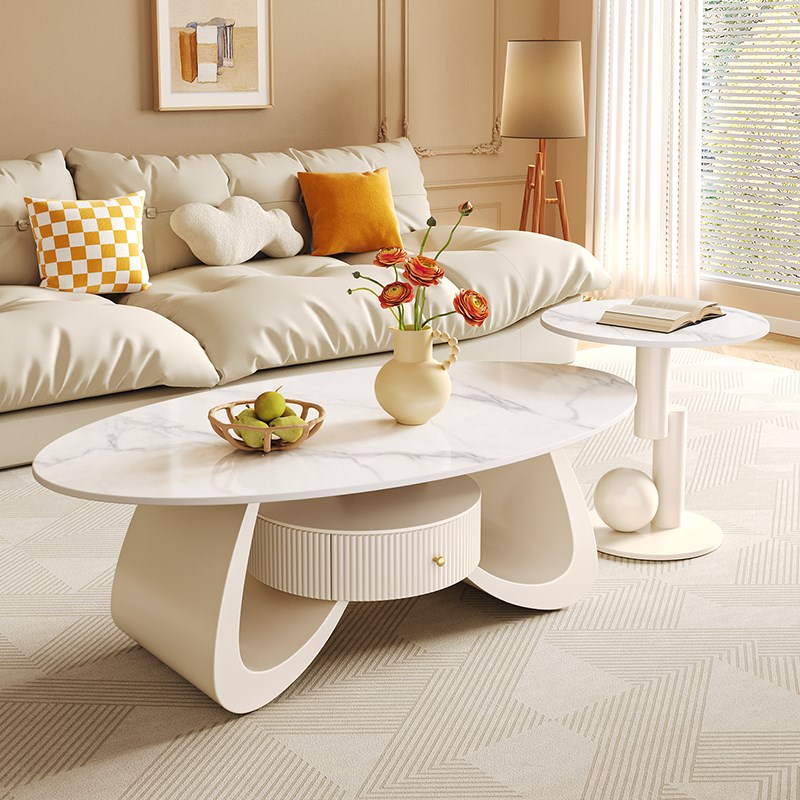 奶油风创意椭圆形岩板茶几客厅202E4新款家用小户型轻奢高级感茶