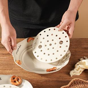 家用双层饺子盘带沥水孔大号饺子盘耐高温釉下彩盘子陶瓷水饺盘