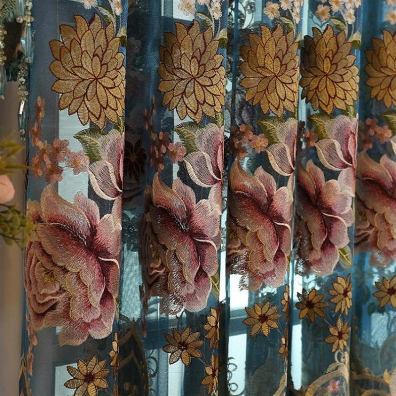 美式窗帘欧式客厅装饰窗纱帘布帘风格绣花镂空蓝色窗纱成品布