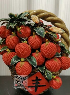 陶瓷工艺品 石湾公仔 荔枝篮 丰收 满堂红利