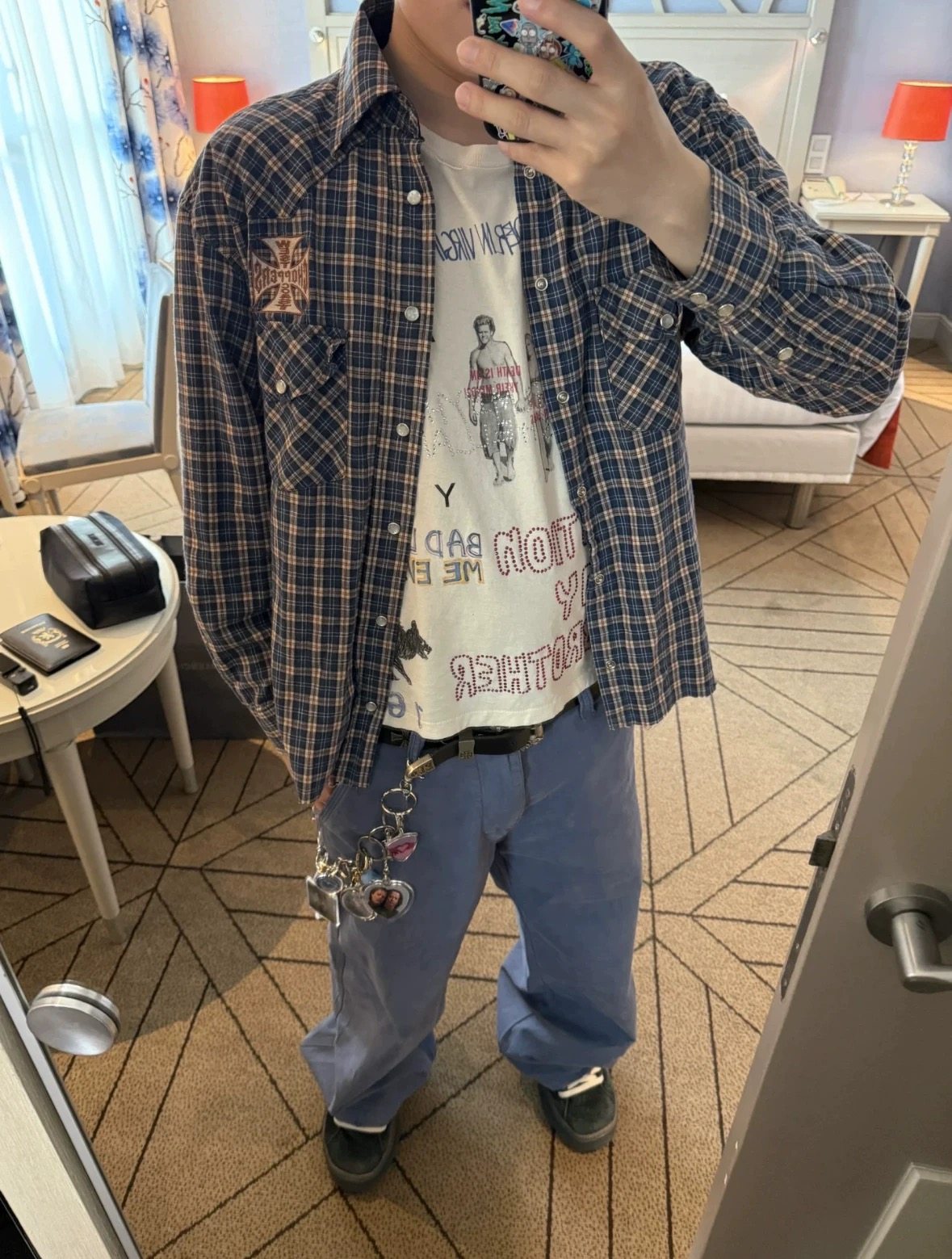 thumbnail for WCC distressed washed blue plaid shirt