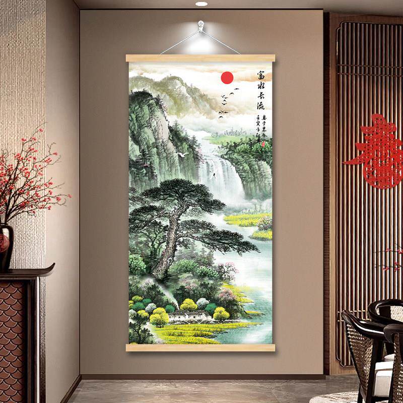 迎客松挂画玄关山水画竖版流水生财客厅装饰画办公室壁画电表箱画