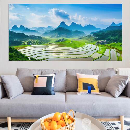 田园风景梯田装饰画简约客厅餐厅横版挂画稻田远山自然景观墙贴画