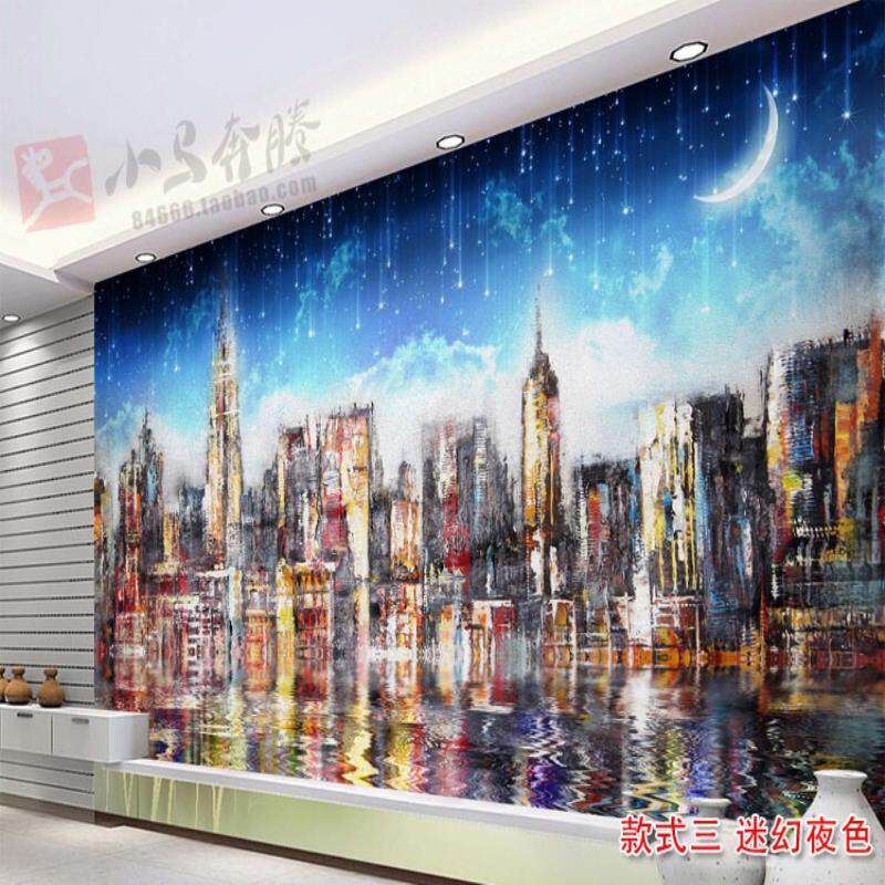 欧式抽象手绘城市风景油画壁纸艺术美式客厅电视背景墙贴复古壁画