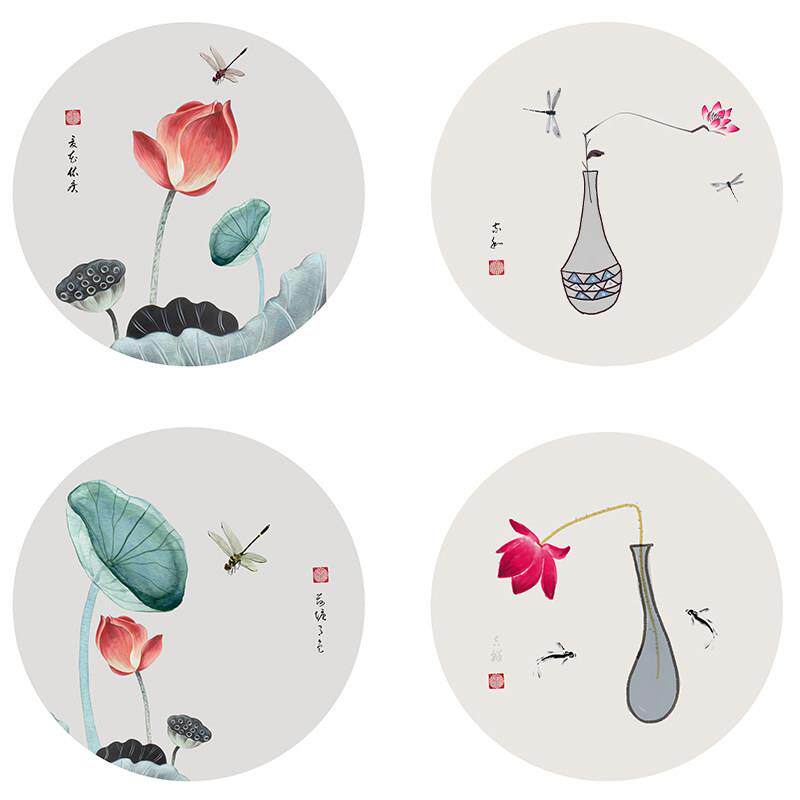 水彩禅意荷花莲叶圆形布画客厅挂画玄关屏风自贴布画背胶墙画壁画