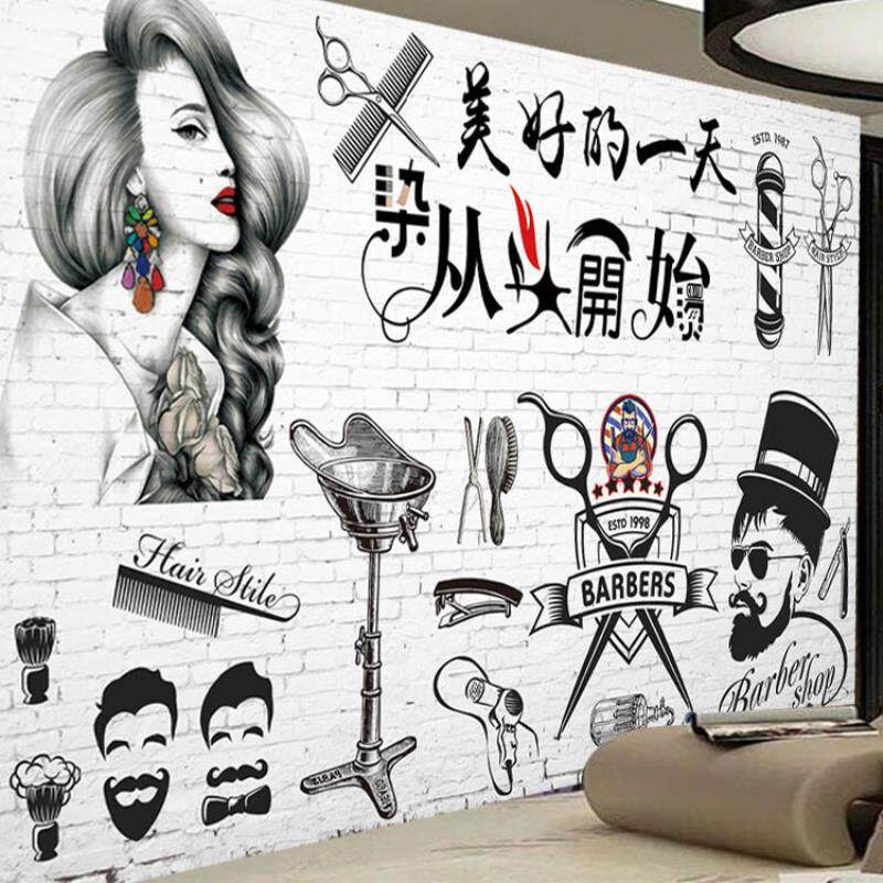 复古美女发廊化妆理发店怀旧时尚个性背景形象墙贴壁纸装饰壁画