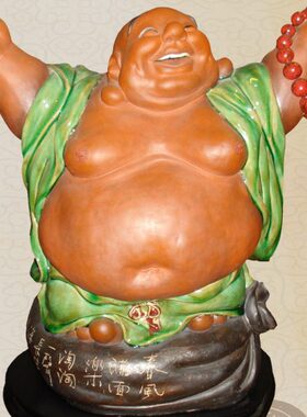 中式玄关摆件吉祥湾淘淘弥勒笑公仔人物公司佛石陶瓷乐客厅酒柜