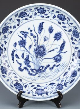 一德束莲纹大宣盘 明收藏品摆件仿古瓷器青花古董