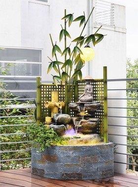 新中式阳b台花园景观庭院角落装饰户外田园假山造景鱼池循环水摆