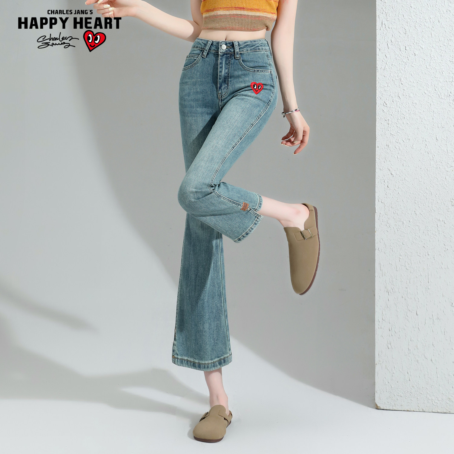 查尔斯桃心高腰微喇牛仔裤女款夏图片