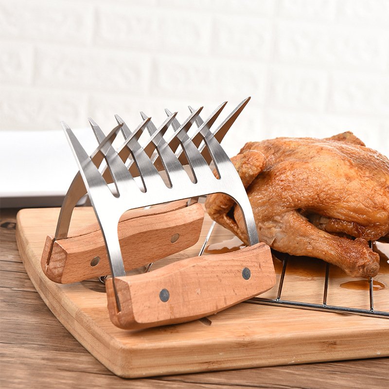 2件套木手柄不锈钢熊爪撕肉器 熟食固定手撕鸡分肉器撕鸡护手器