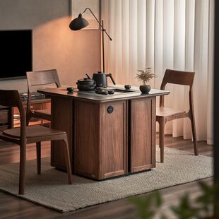 板可升降阳台茶桌家用茶几岩黑胡桃木茶桌茶台实木移动小户型客厅