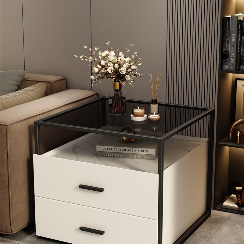 现代简约方形g极简床头柜铁艺钢化玻璃茶几皮质免安装客厅沙发边