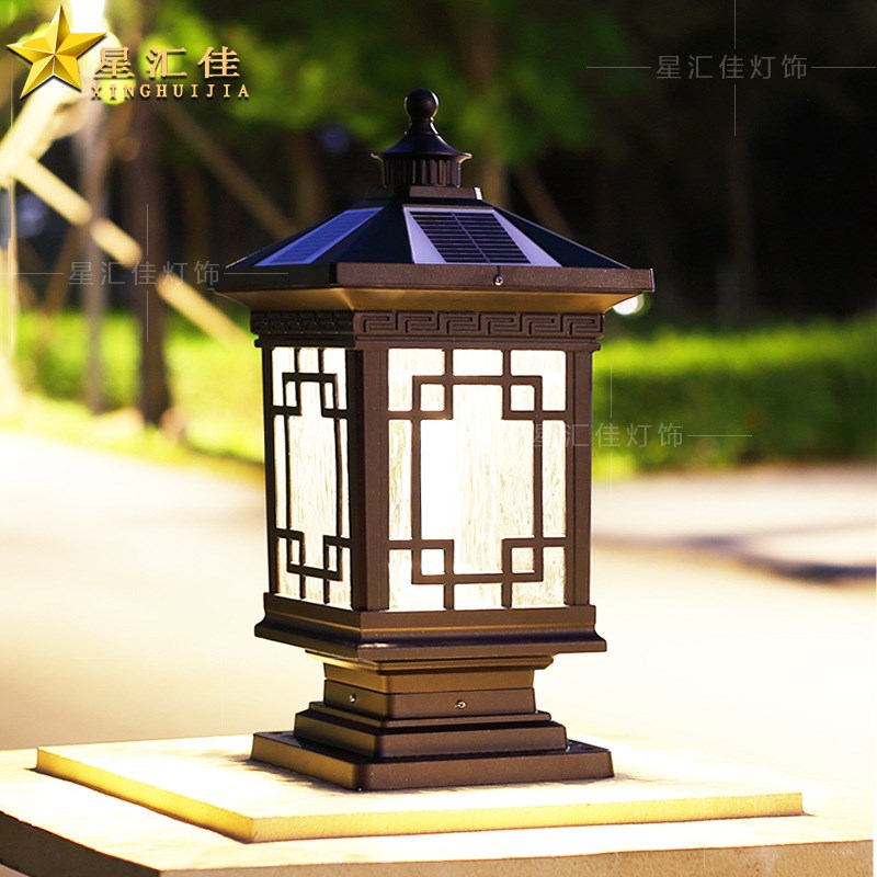 柱头灯太阳能户外防水柱子新中式别墅大门口围墙接电款庭院门柱灯