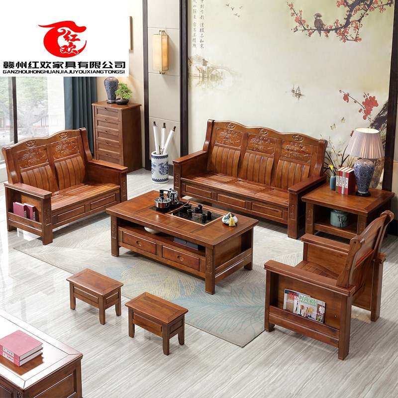 客厅沙发组合全实木家具中式仿古雕花储物香樟木转角贵妃沙发