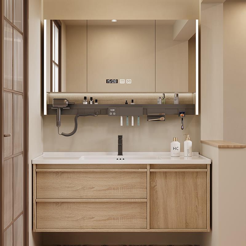 新款原木风陶瓷一体盆浴室柜镜柜组合卫生间洗脸盆洗漱台洗手盆柜