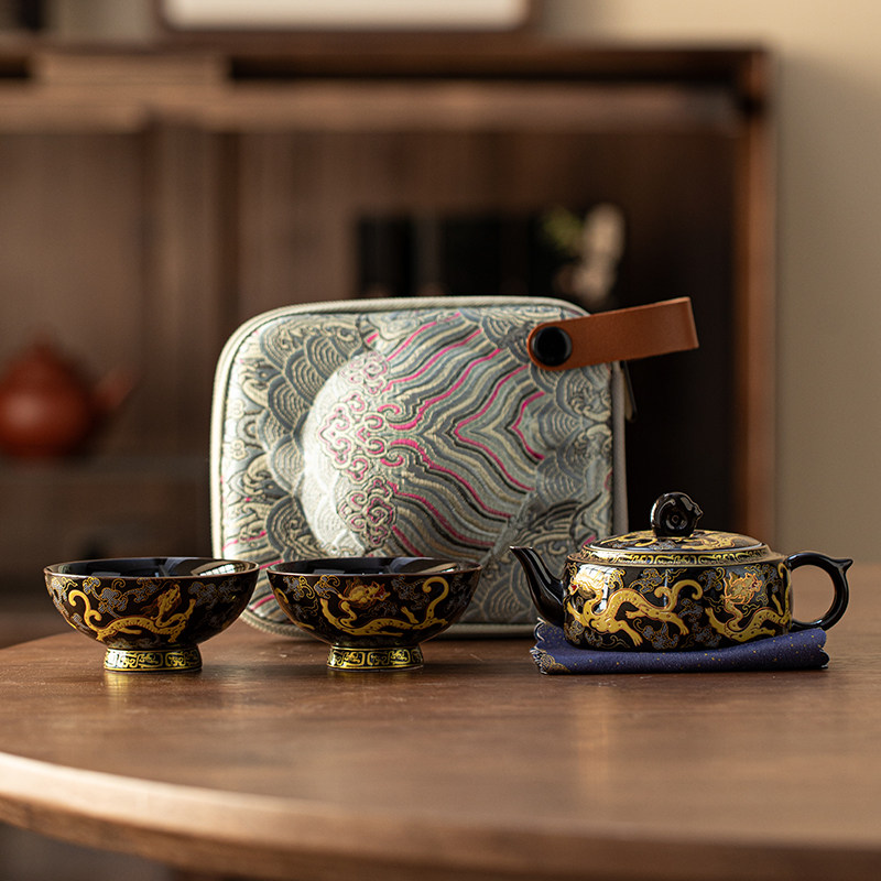 乌金釉祥龙旅行快客杯家用一壶二杯功夫茶具套装户外便携式泡茶壶,餐饮具,旅行茶具,淘宝优惠券,粉丝福利购,淘宝优惠卷