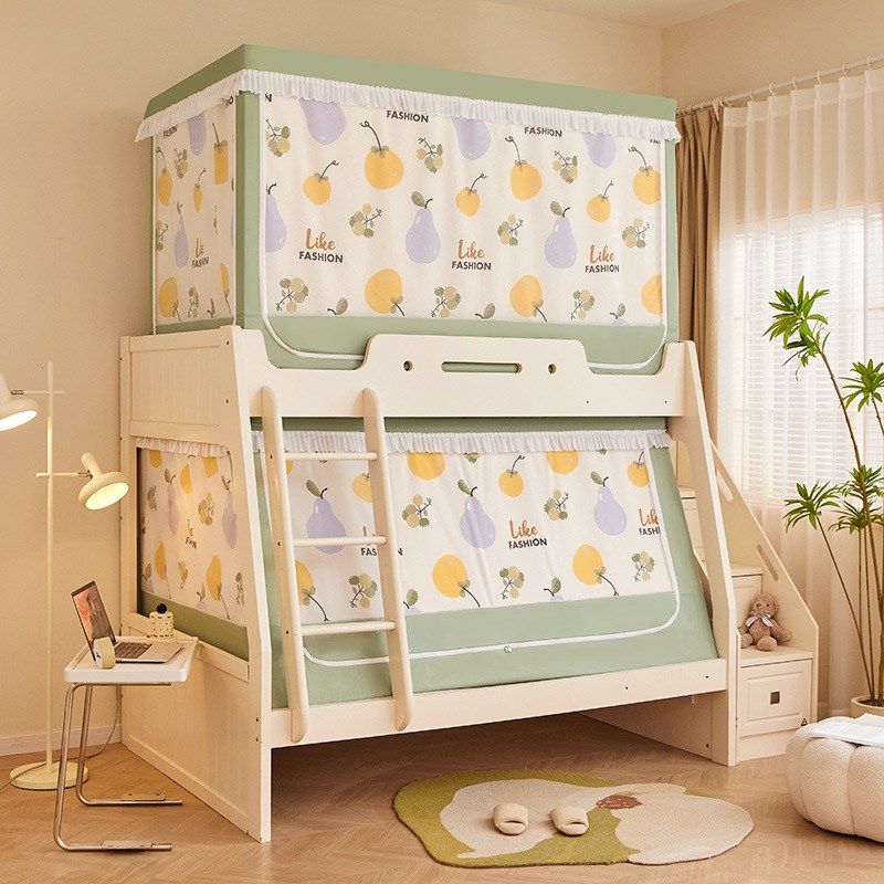 梯形儿童子母床蚊帐上下铺防摔遮光帘三开门宿舍书架款一体式防蚊