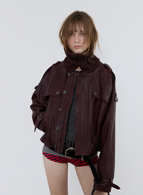 1C00M4毛织围领短款皮夹克机车都市感高领经典红棕色皮衣外套时尚