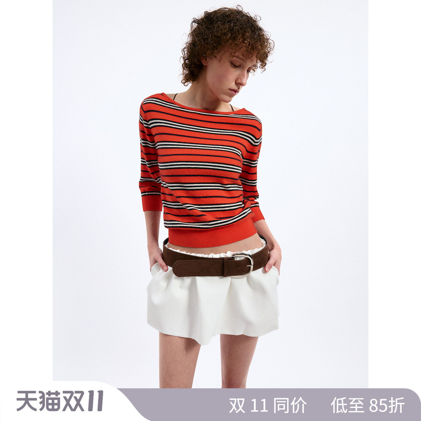 1c00M4羊毛复古条纹七分袖毛衣中古风宽松型套头上衣