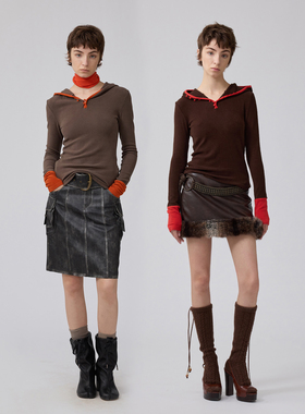 1C00M4撞色绵羊毛磨毛连帽打底衫复古V领显瘦内搭新年战袍2025