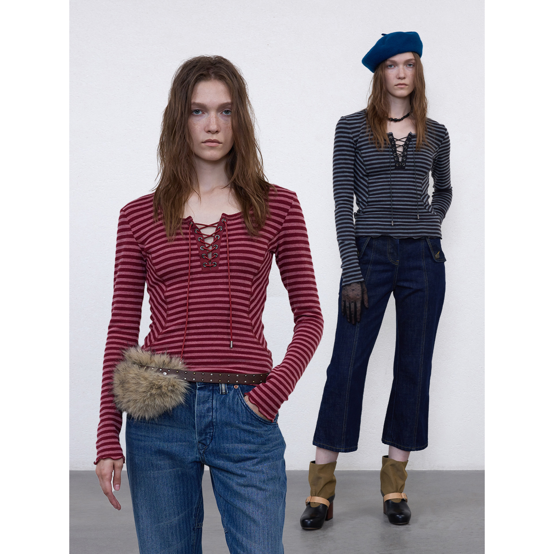 条纹结构分割系带T恤女