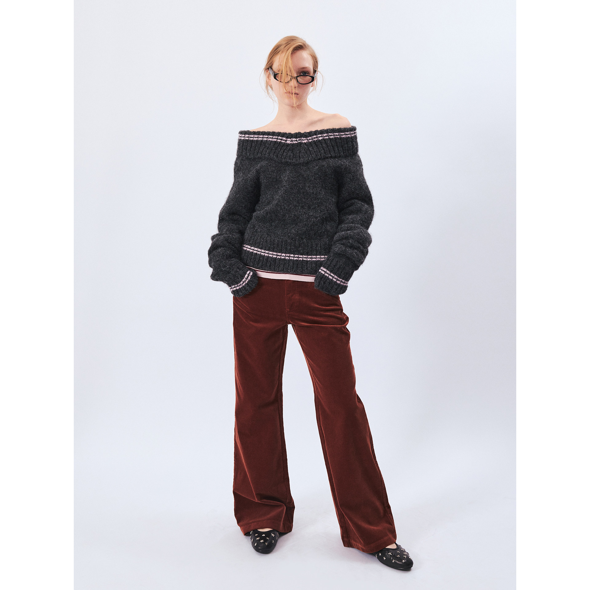 一字领羊毛套头衫女针织衫