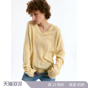 1c00M4baby蓝马海毛慵懒感毛衣V领上衣鹅黄色简约宽松针织