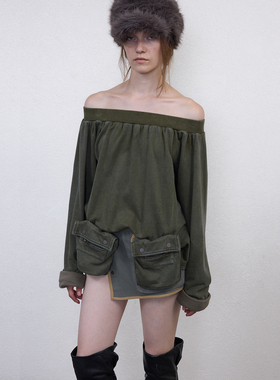 1C00M4一字肩做旧时髦潮酷大口袋上衣长袖复古洗水宽松设计感2025