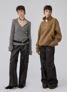 1C00M4擦色皮裤外穿直筒阔腿皮质长裤高级感休闲裤2025秋冬新款女