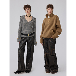 2025秋冬新款 高级感休闲裤 女 外穿直筒阔腿皮质长裤 1C00M4擦色皮裤