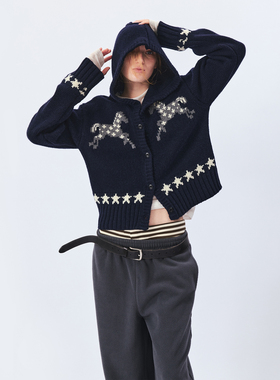 1C00M4以梦为马毛衣羊毛粗针连帽毛织开衫费尔岛提花上衣新年战袍