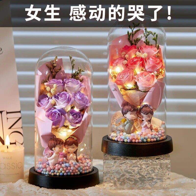 兮小美永生花玫瑰花束小夜灯送女友生老婆浪漫表白生日圣诞节礼物