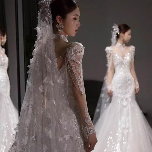 新娘头纱主婚纱森系重工珍珠蕾丝奢华超长款拖尾爆火头纱鱼尾婚纱